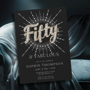 50 Fabulous Glam Glitter Burst Black 50th Birthday Invitation