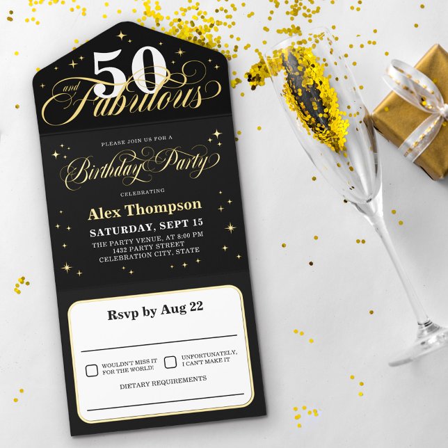 50 & Fabulous Glamourous Gold Birthday Party All In One Invitation (Creator Uploaded)