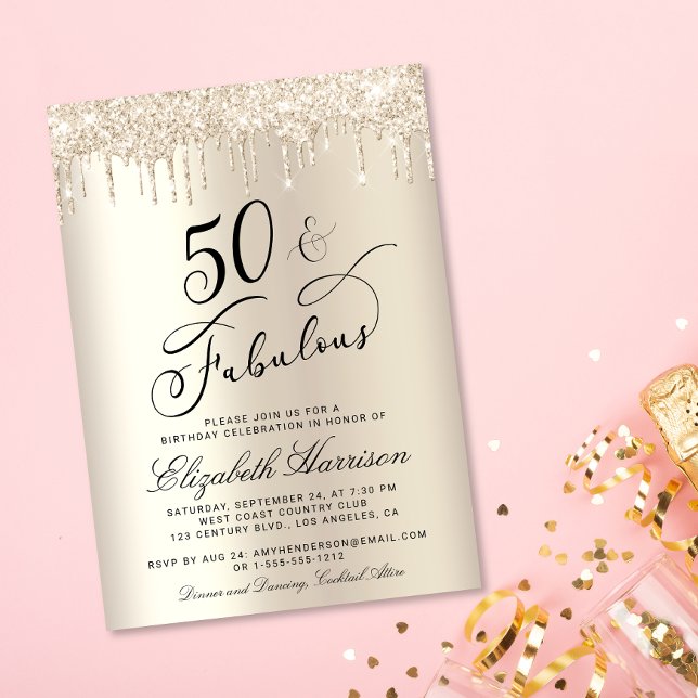50 Fabulous Glitter Champagne Gold Birthday Party Invitation (Celebrate her 50 years of sparkle with an elegant gold glitter birthday party invitation  🎉 🎂 🥂)