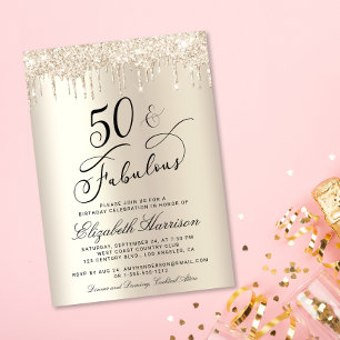 50 Fabulous Glitter Champagne Gold Birthday Party Invitation