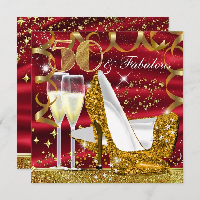 50 & Fabulous Glitter Gold Red Birthday Invite (Front/Back)
