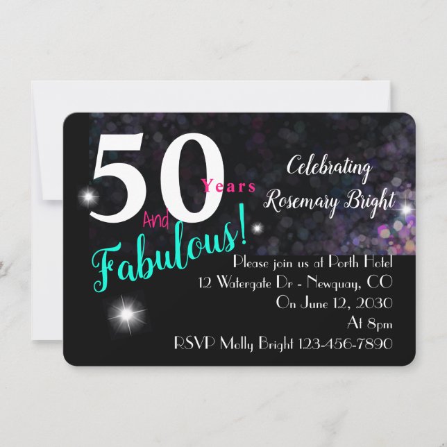50 fabulous, glitter on black, versatile invitation (Front)