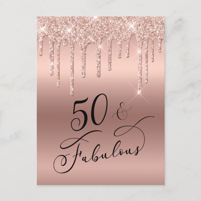 50 Fabulous Glitter Rose Gold Birthday Party Invitation Postcard (Front)