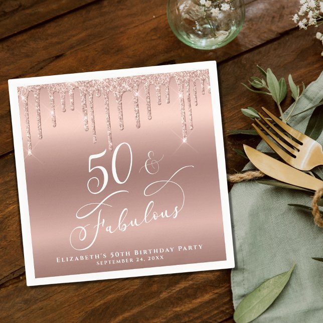 50 Fabulous Glitter Rose Gold Birthday Party Napkin (Creator Uploaded)