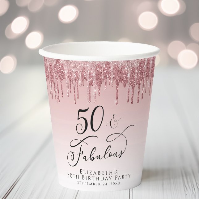 50 Fabulous Glitter Rose Gold Pink Birthday Party Paper Cups (Creator Uploaded)