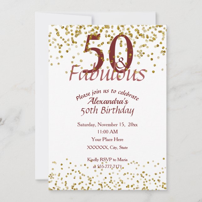50 Fabulous Gold And Burgundy Invitation (Front)