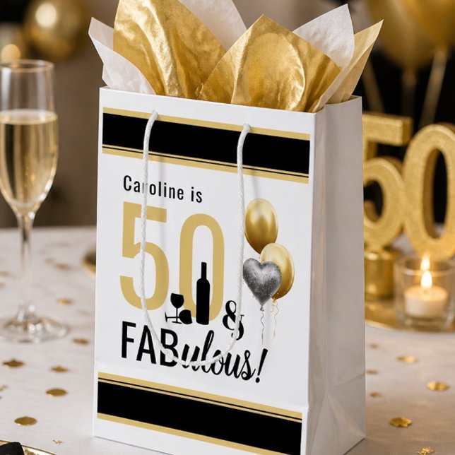 50 & Fabulous Gold & Black Modern Birthday Medium Gift Bag (Creator Uploaded)