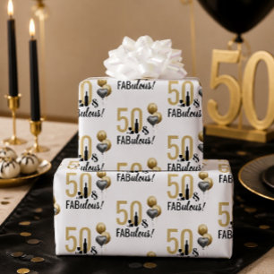 50 & Fabulous Gold & Black Modern Gift Wrap