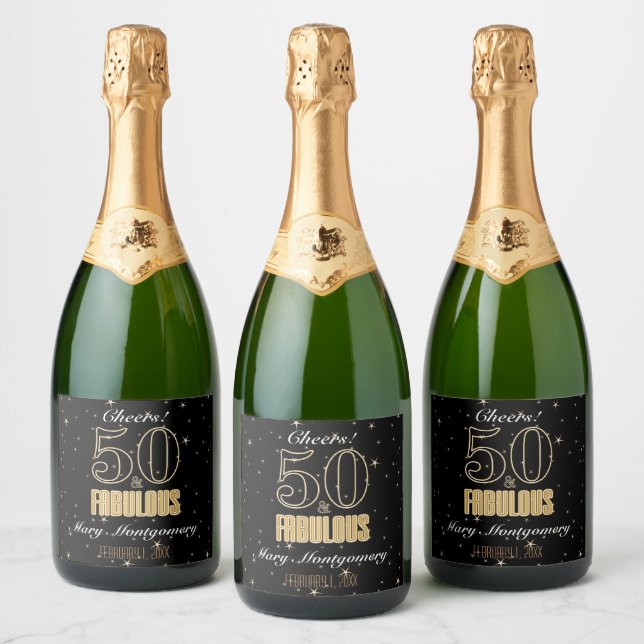 50 & Fabulous Gold Black Typography 50th Birthday Sparkling Wine Label (Bottles)
