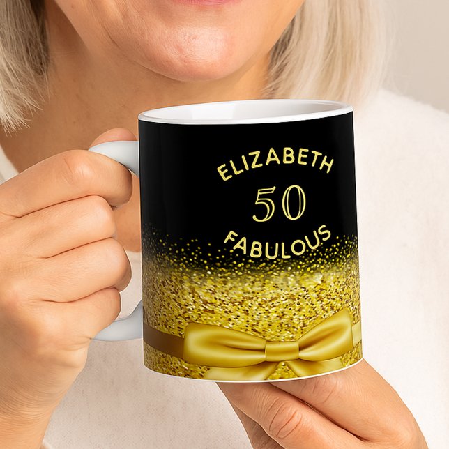 50 fabulous gold bow black name sparkle age coffee mug (Creator Uploaded)