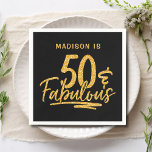 50 & Fabulous Gold Glitter 50th Birthday Name Napkin<br><div class="desc">50 & Fabulous Gold Glitter 50th Birthday Sparkle Paper Party Napkins features the modern text design "50 & Fabulous" in gold glitter calligraphy script on a black background. Personalised with your custom name above by editing the text in the text box provided. Perfect for a 50th birthday party or celebration....</div>