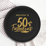 50 & Fabulous Gold Glitter 50th Birthday Name Paper Plate<br><div class="desc">50 & Fabulous Gold Glitter 50th Birthday Sparkle Paper Party Plates features the modern text design "50 & Fabulous" in gold glitter calligraphy script on a black background. Personalised with your custom name above by editing the text in the text box provided. Perfect for a 50th birthday party or celebration....</div>