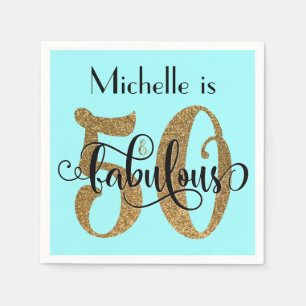 50 & Fabulous Gold Glitter Birthday Light Aqua Napkin