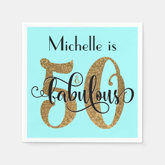 50 & Fabulous Gold Glitter Birthday Light Aqua Napkin (Front)