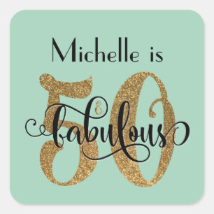 50 & Fabulous Gold Glitter Birthday Light Green Square Sticker