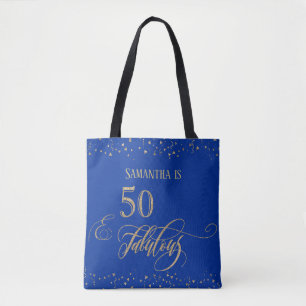 50 & Fabulous Gold Glitter Confetti, Blue Tote Bag
