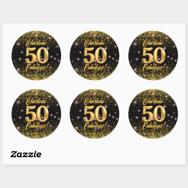 50 Fabulous Gold Glitter Pink Stars 50th Birthday Classic Round Sticker (Sheet)