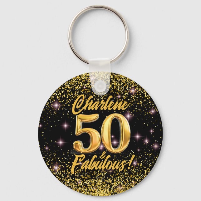 50 Fabulous Gold Glitter Pink Stars 50th Birthday Key Ring (Front)