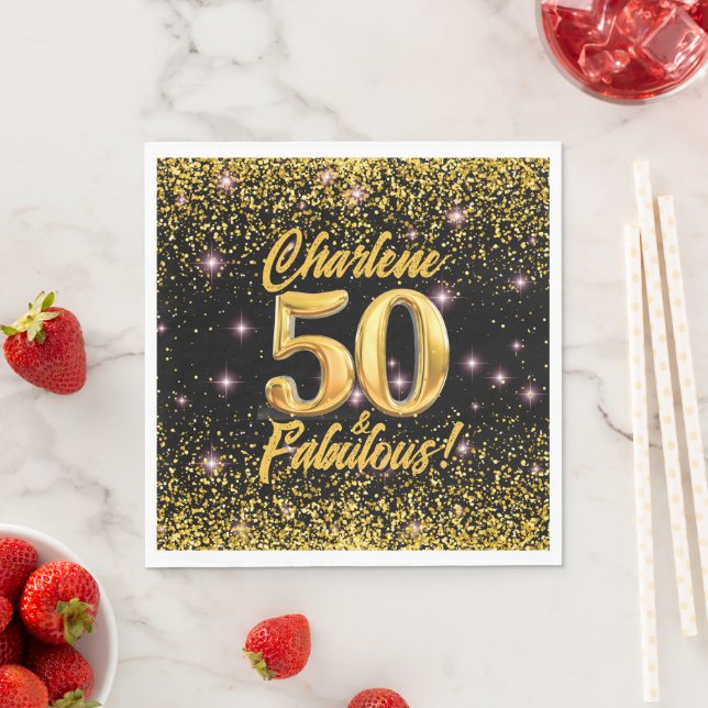 50 Fabulous Gold Glitter Pink Stars 50th Birthday Napkin (Insitu)