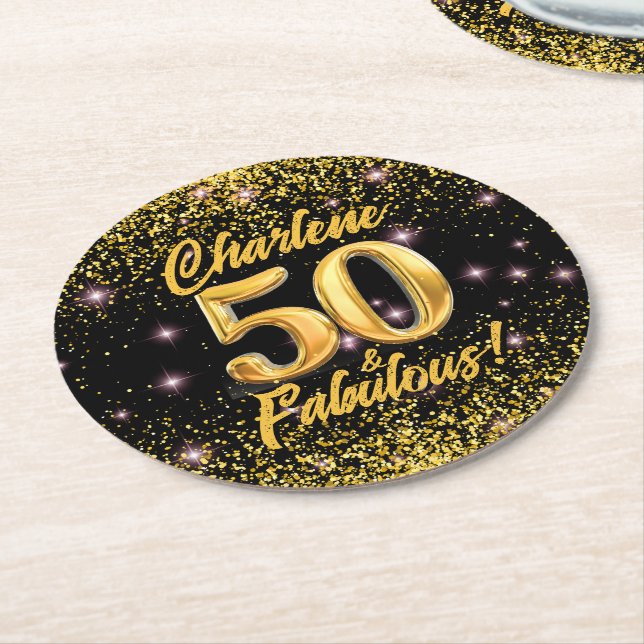 50 Fabulous Gold Glitter Pink Stars 50th Birthday Round Paper Coaster (Angled)