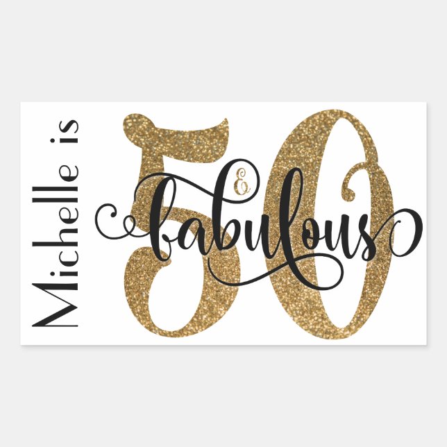 50 & Fabulous Gold Glitter Typography Birthday 3 Rectangular Sticker (Front)