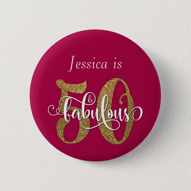 50 & Fabulous Gold Glitter Typography Raspberry 6 Cm Round Badge (Front)