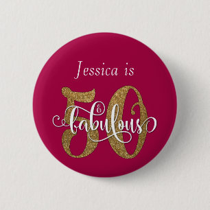 50 & Fabulous Gold Glitter Typography Raspberry 6 Cm Round Badge