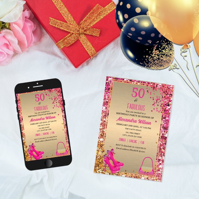 50 & Fabulous Gold Hot Pink Glittery High Heels  Invitation (Creator Uploaded)