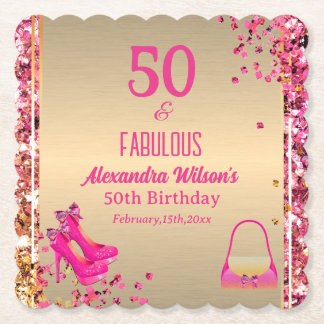50 & Fabulous Gold Hot Pink Glittery High Heels  Paper Coaster
