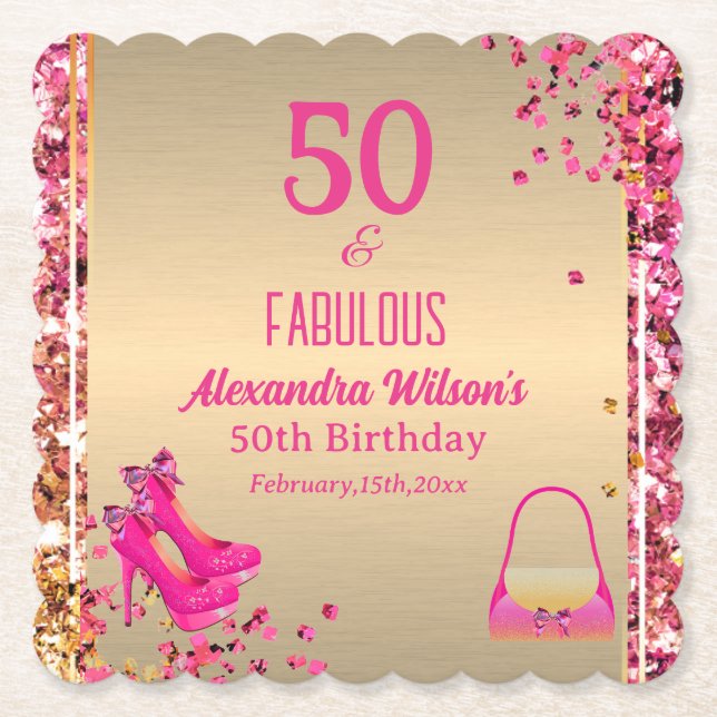 50 & Fabulous Gold Hot Pink Glittery High Heels  Paper Coaster (Front)