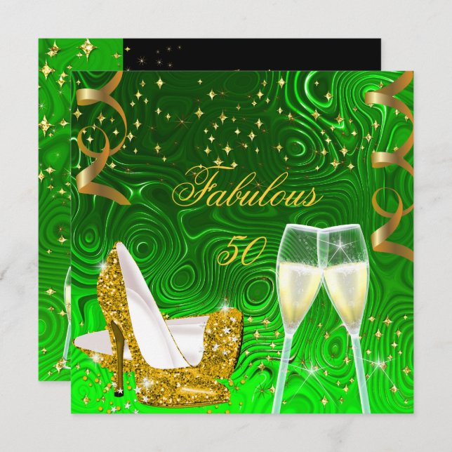 50 Fabulous Gold Lime Glitter High Heels Birthday Invitation (Front/Back)