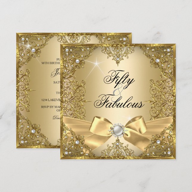 50 Fabulous Gold Pearl Bow 50th Birthday Invitation (Front/Back)