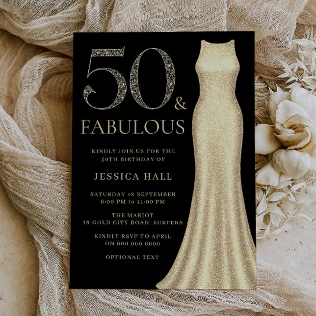 50 & Fabulous Golden Sparkle Dress 50th Birthday Invitation (Creator Uploaded)