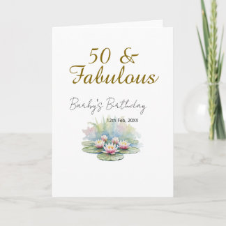 50 & fabulous golden water lotus lily watercolor card