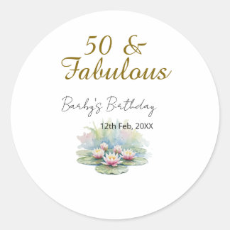 50 & fabulous golden water lotus lily watercolor classic round sticker