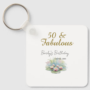 50 & fabulous golden water lotus lily watercolor key ring