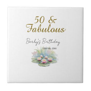 50 & fabulous golden water lotus lily watercolor  tile