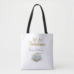 50 & fabulous golden water lotus lily watercolor tote bag