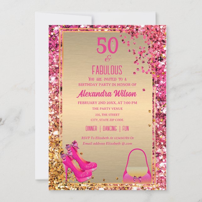 50 & Fabulous High Heels Gold Pink Glittery Glam  Invitation (Front)