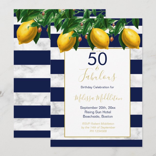 50 Fabulous Lemon Navy White Stripe Marble Invitation (Front/Back)