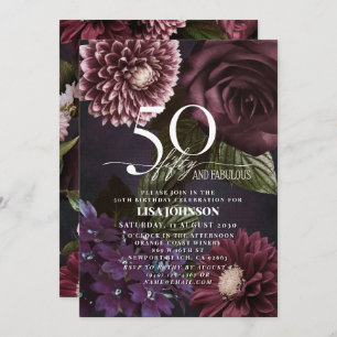 50 & Fabulous Modern Dark Moody Burgundy Floral Invitation