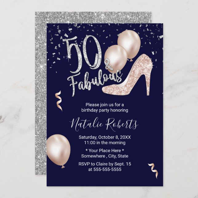 50 & Fabulous Modern High Heel 50th Birthday Navy Invitation (Front/Back)
