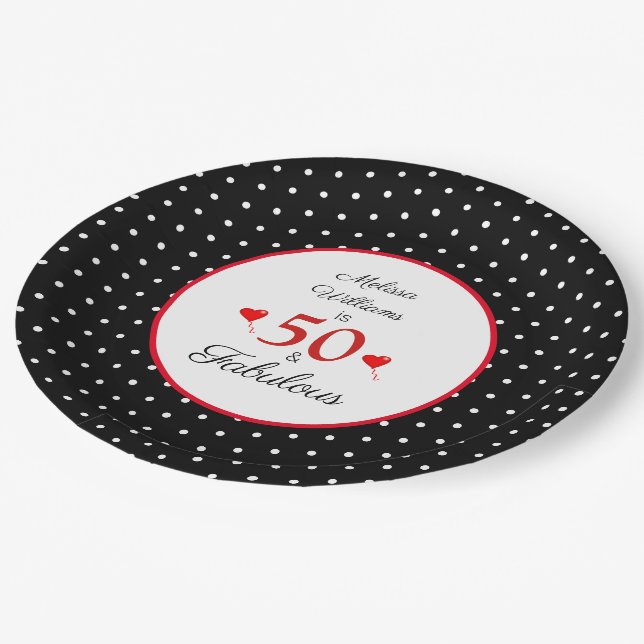 50 & Fabulous Name Photo Red 50th Birthday BLK WH Paper Plate (Angled)