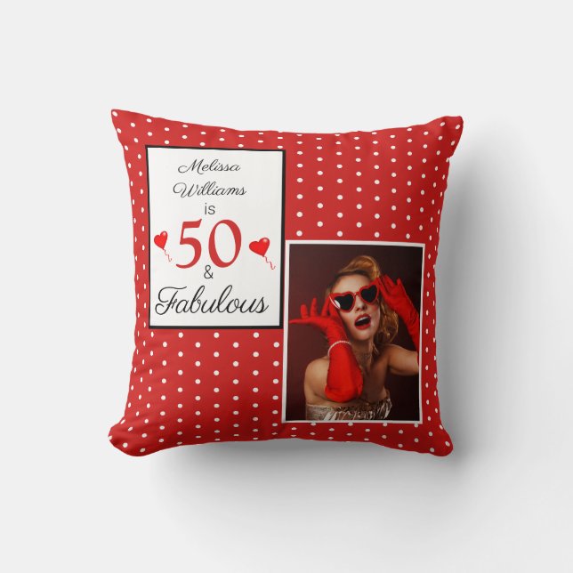 50 & Fabulous Name Photo Red 50th Birthday WH Red Cushion (Front)