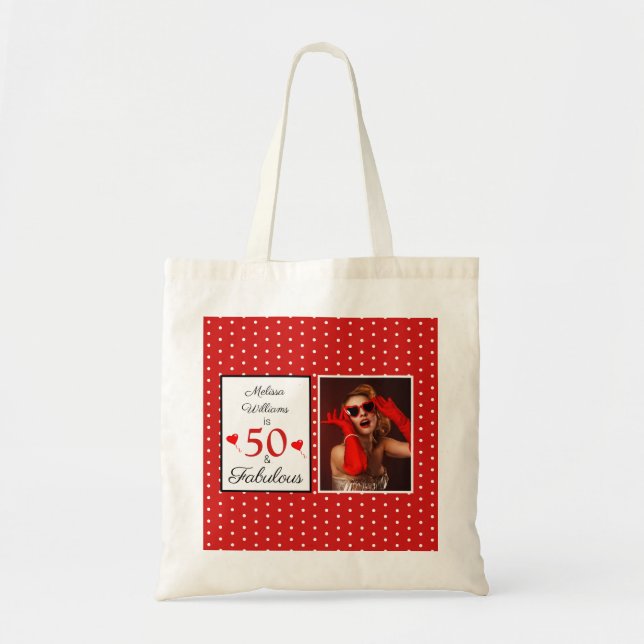 50 & Fabulous Name Photo Red 50th Birthday WH Red Tote Bag (Front)