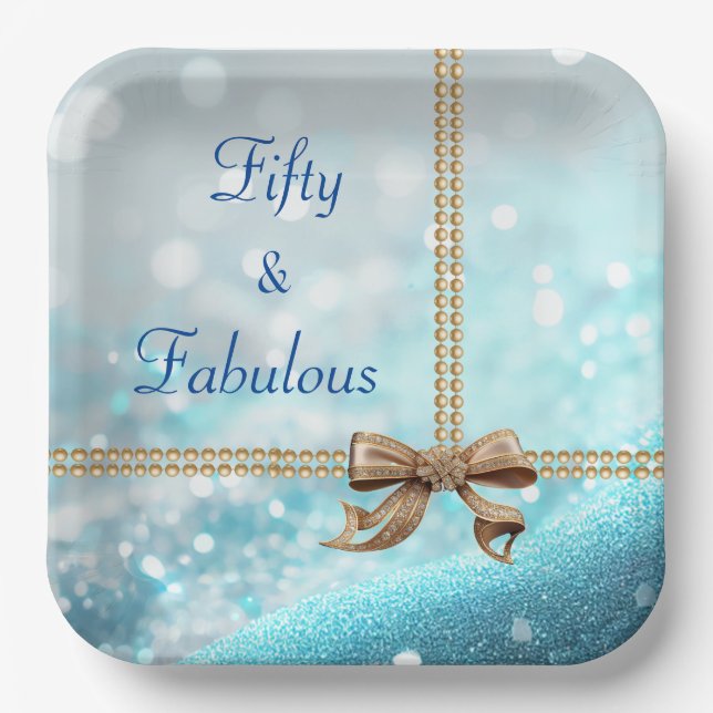 50 & Fabulous Photo Blue Gold Bow 50th Birthday  Paper Plate (Front)