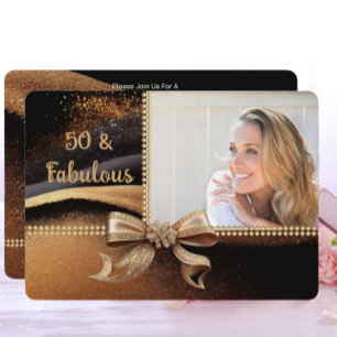 50 & Fabulous Photo Gold Black Bow 50th Birthday Invitation