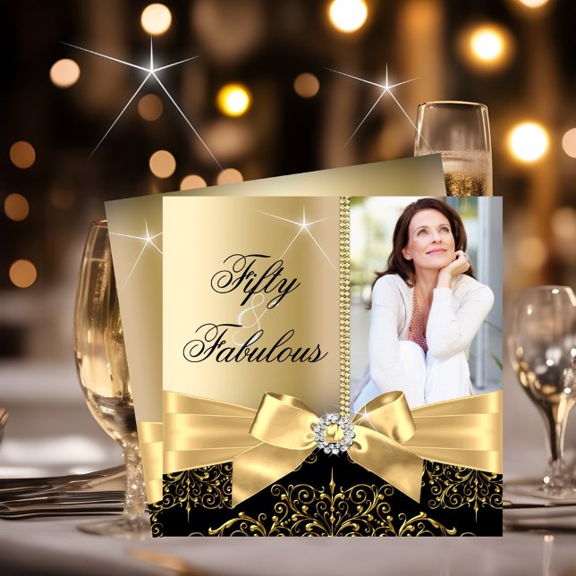 50 & Fabulous Photo Gold Black Bow 50th Birthday Invitation (Creator Uploaded)