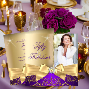 50 & Fabulous Photo Gold Purple Bow 50th Birthday Invitation