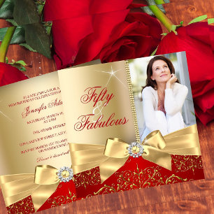 50 & Fabulous Photo Gold Red Bow 50th Birthday Invitation